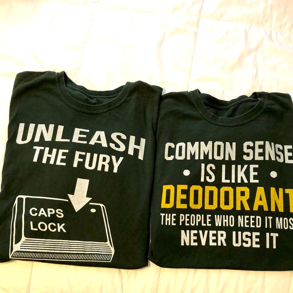 2 large forest green t-shirts with funny memes. Both for 6